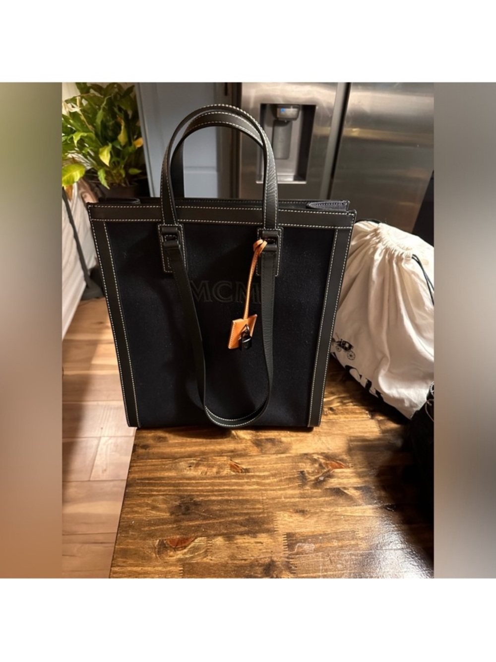 MCM Black Canvas Tote with orange  Leather key bell